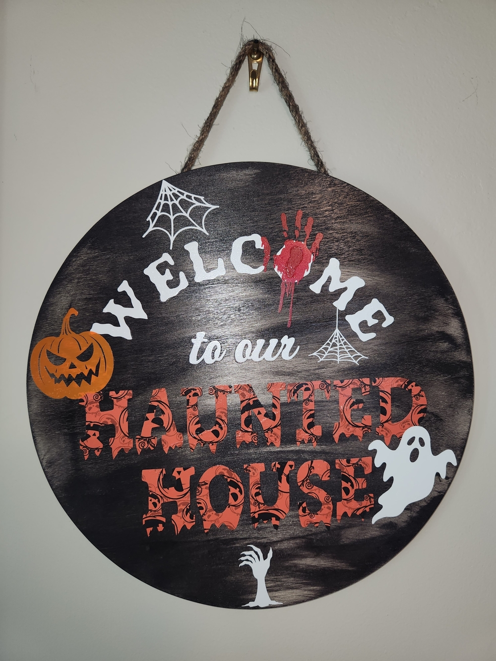 Haunted House Round Wall Sign - Black & Orange Halloween Decor